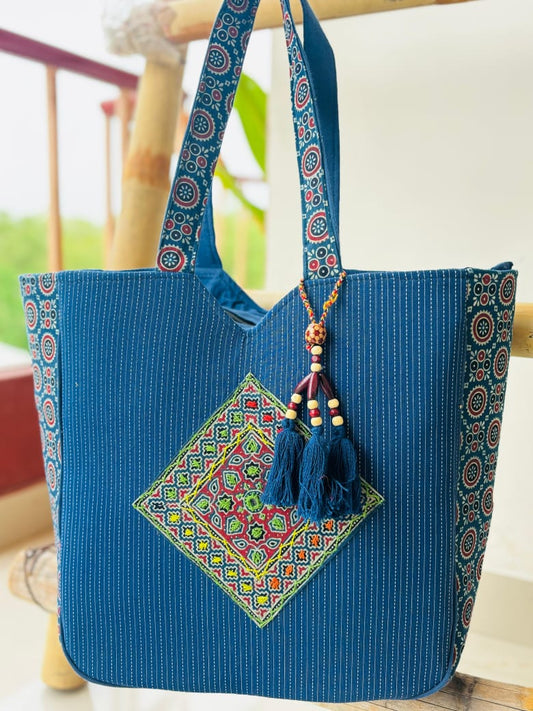 New Ajrakh hand aari and mirror work shopping bag
