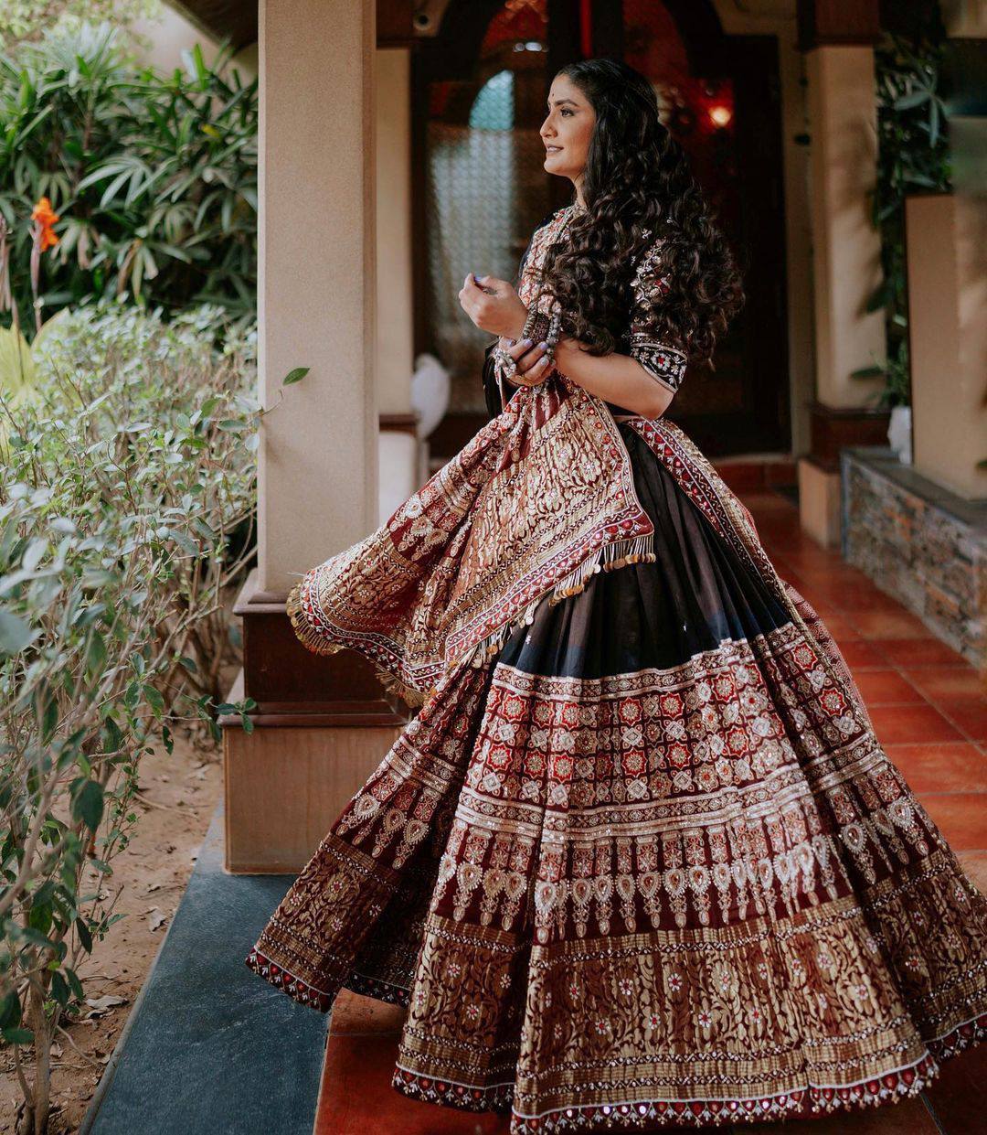 Black cotton print and mirror work gujarati garba navratri lehenga chaniya choli