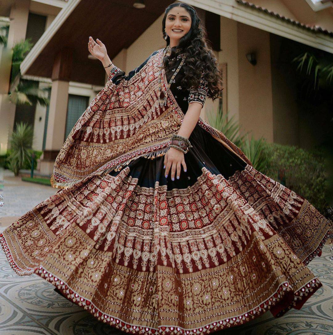 Black cotton print and mirror work gujarati garba navratri lehenga chaniya choli