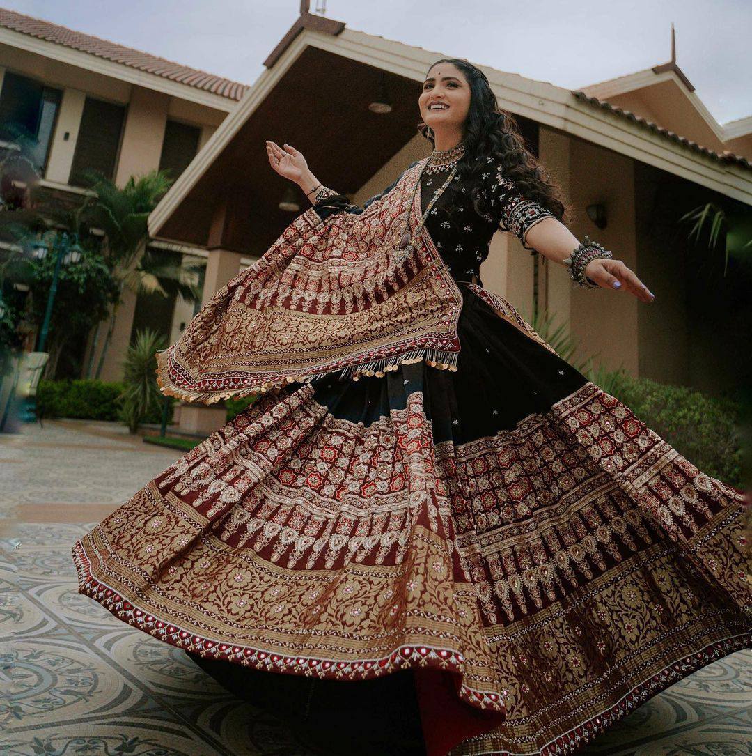 Black cotton print and mirror work gujarati garba navratri lehenga chaniya choli