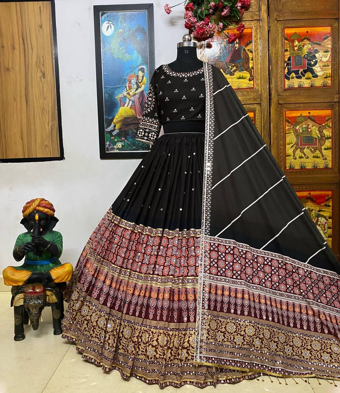 Black cotton print and mirror work gujarati garba navratri lehenga chaniya choli