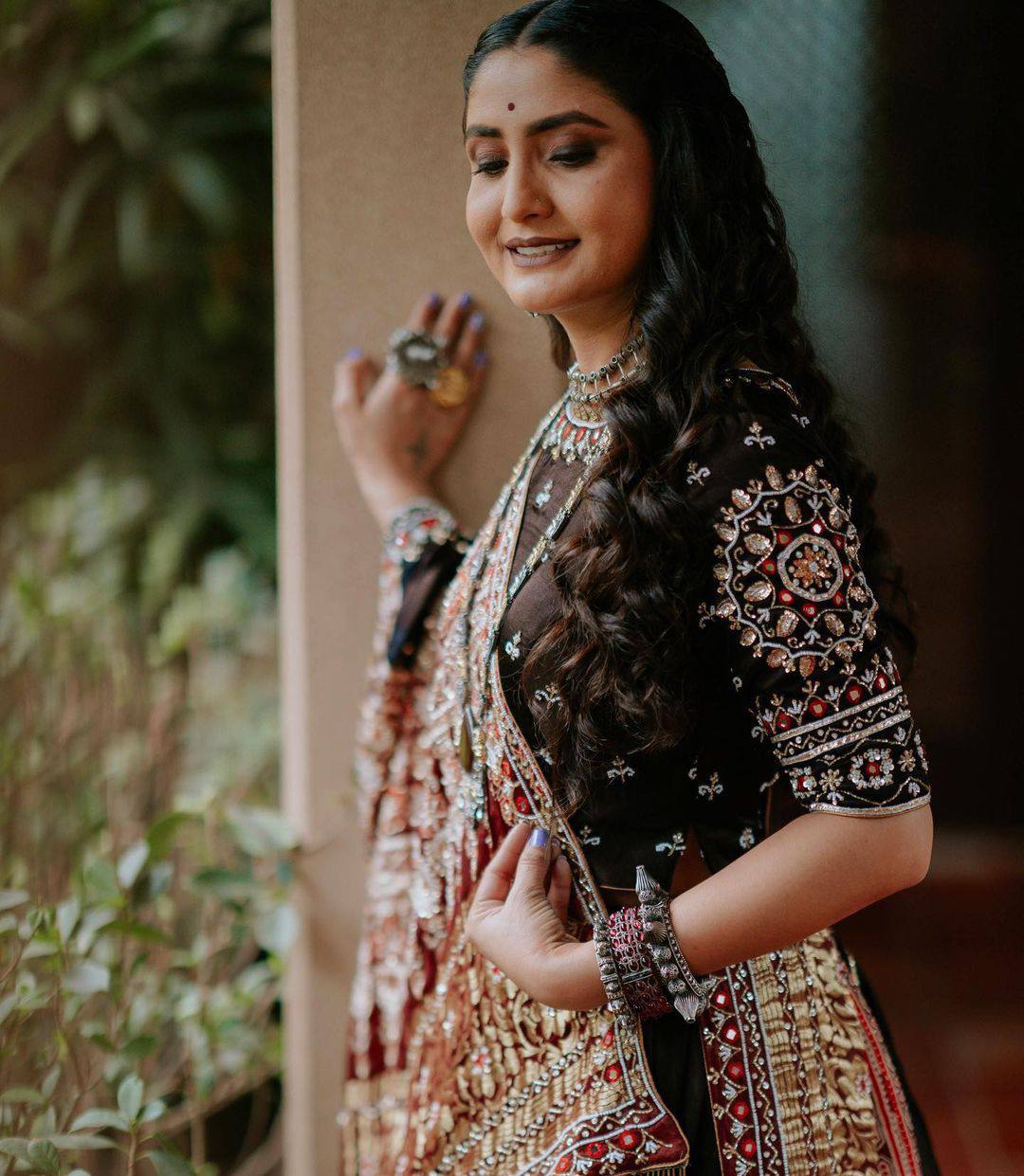 Black cotton print and mirror work gujarati garba navratri lehenga chaniya choli