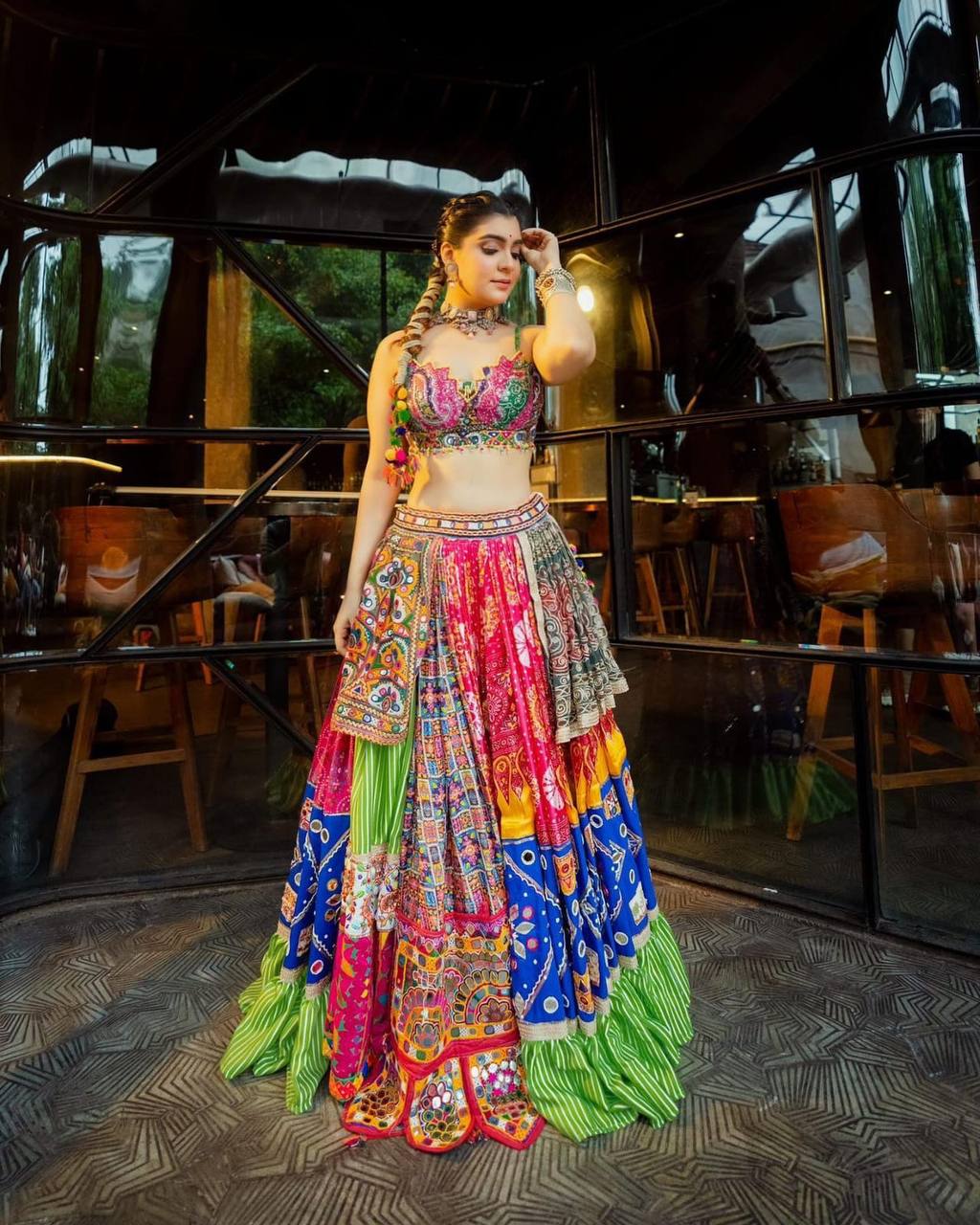 Multicolor print mirror work gujarati garba navratri lehenga choli