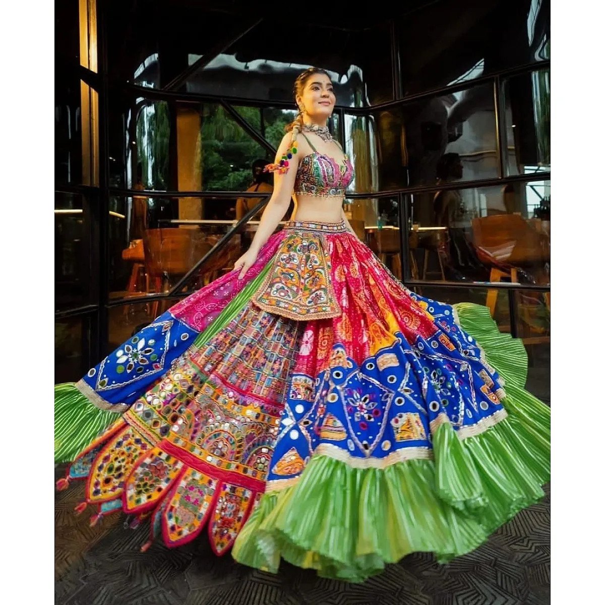 Multicolor print mirror work gujarati garba navratri lehenga choli
