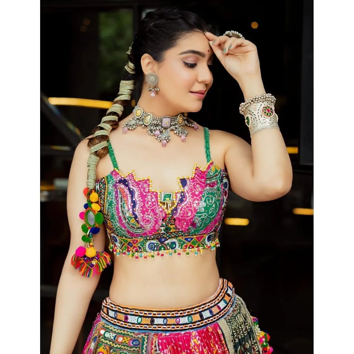 Multicolor print mirror work gujarati garba navratri lehenga choli