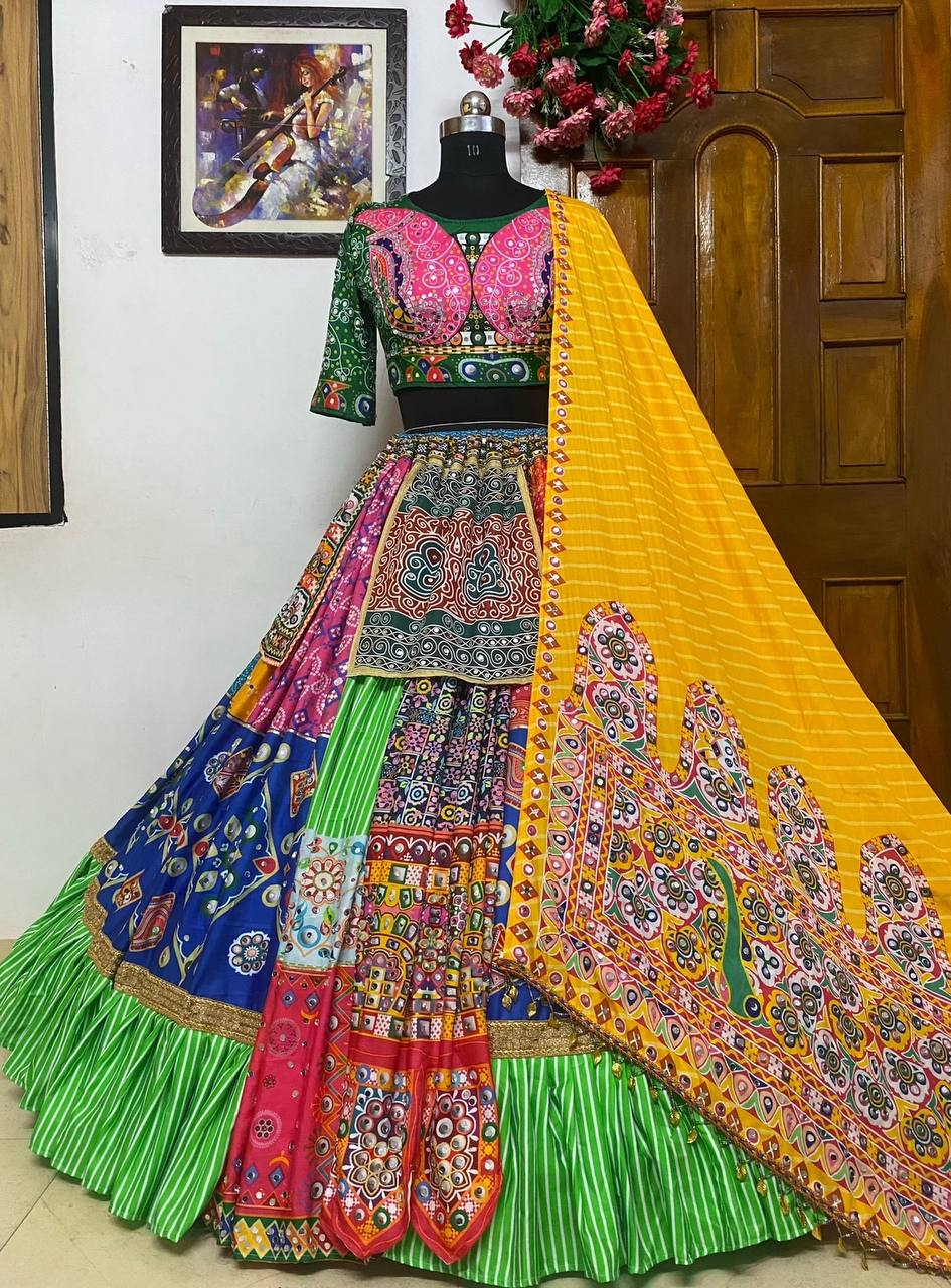 Multicolor print mirror work gujarati garba navratri lehenga choli