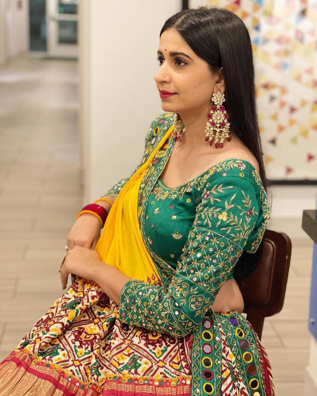 Green & Red Real Mirror Work Navratri Lehenga