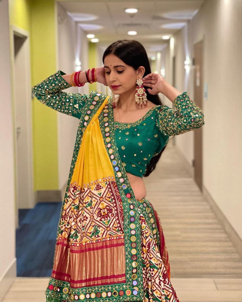 Green & Red Real Mirror Work Navratri Lehenga