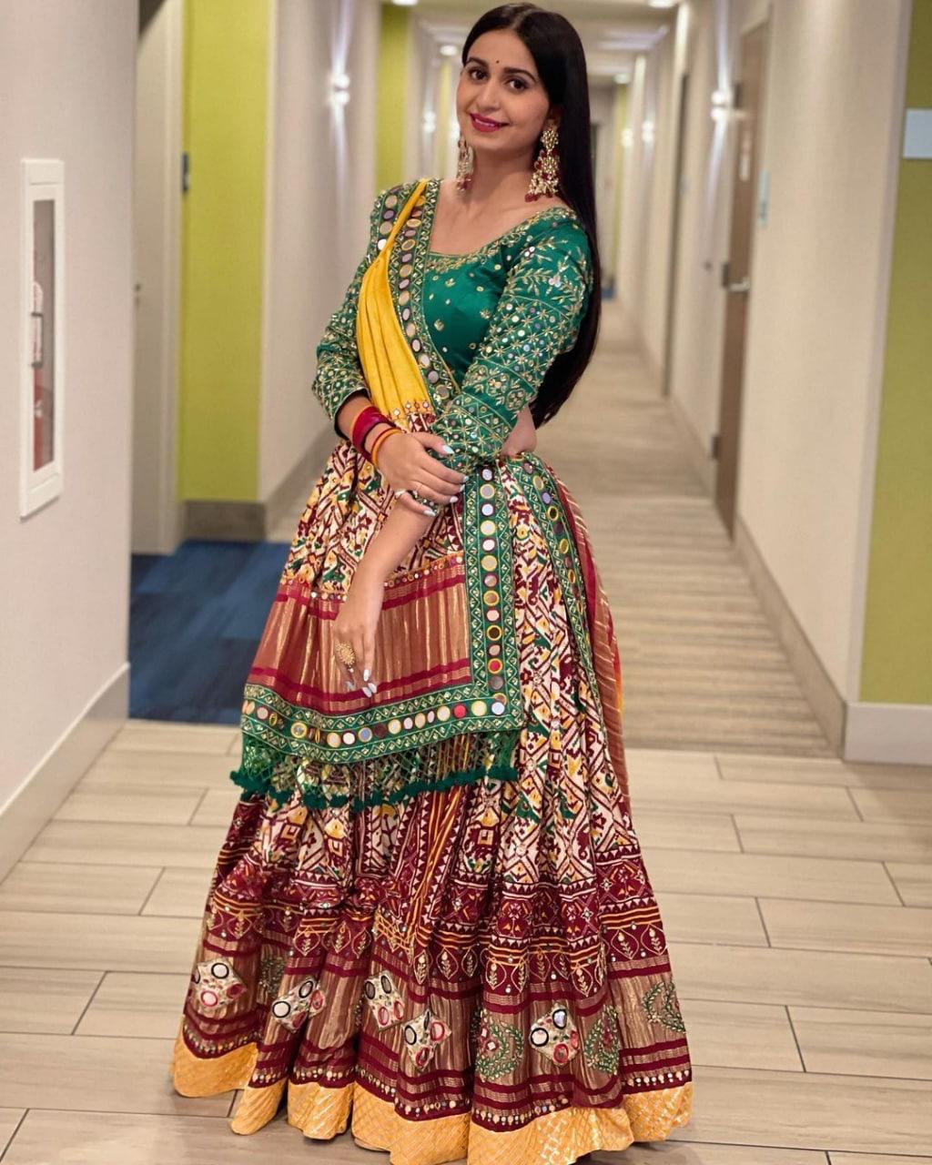 Green & Red Real Mirror Work Navratri Lehenga
