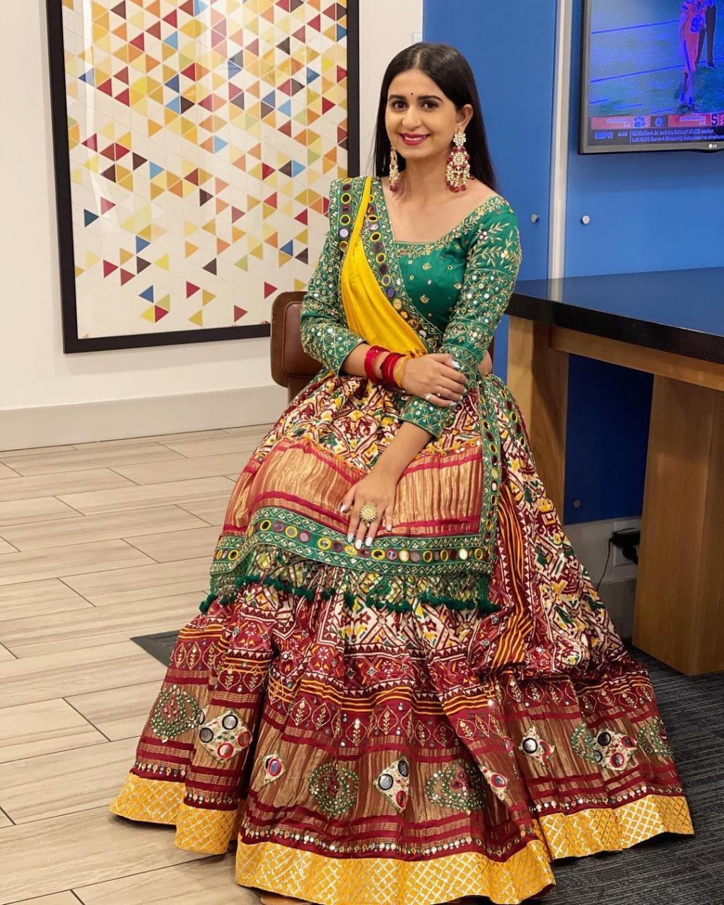 Green & Red Real Mirror Work Navratri Lehenga