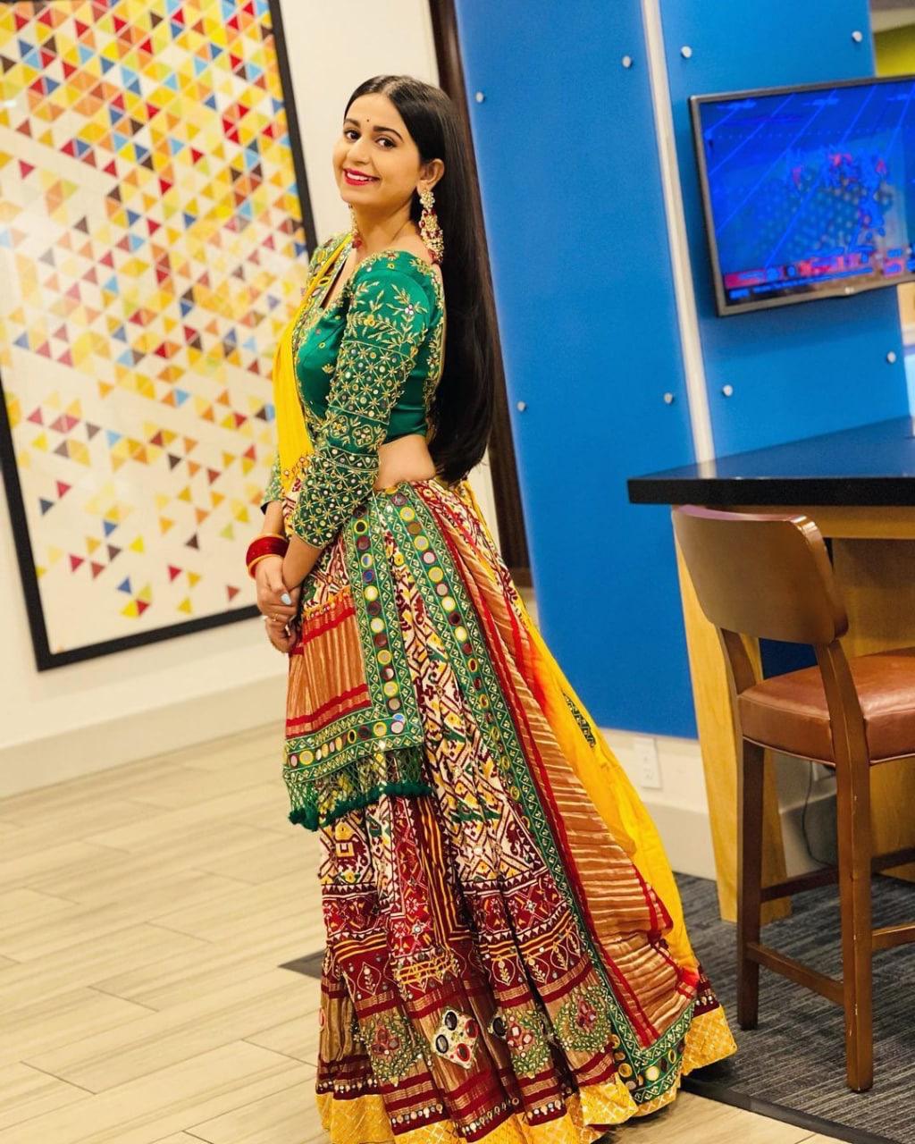 Green & Red Real Mirror Work Navratri Lehenga