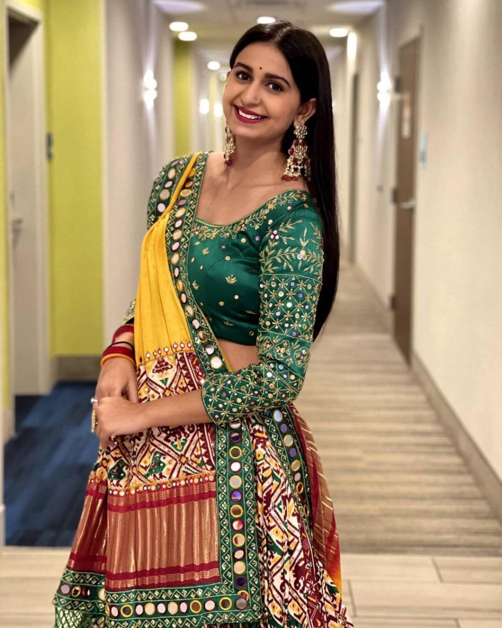Green & Red Real Mirror Work Navratri Lehenga