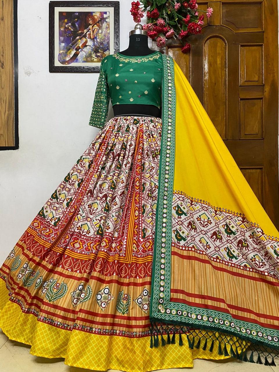 Green & Red Real Mirror Work Navratri Lehenga