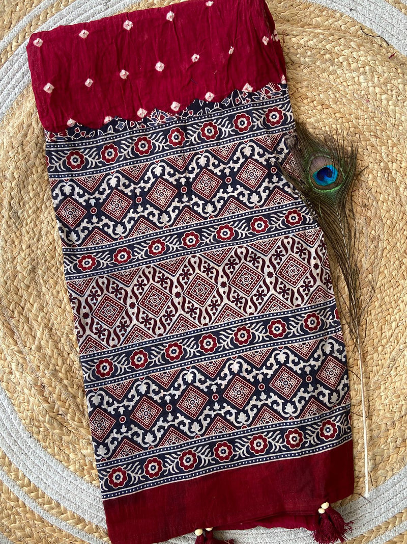 Ajrakh print with bandhani Stole