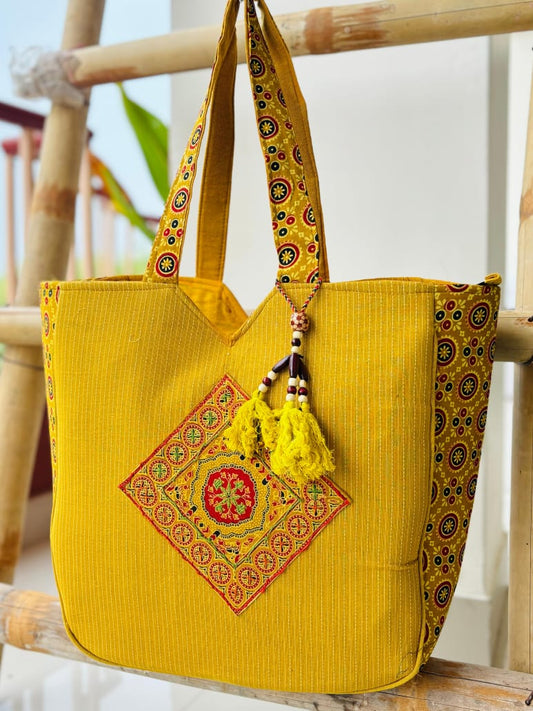 New Ajrakh hand aari and mirror work shopping bag